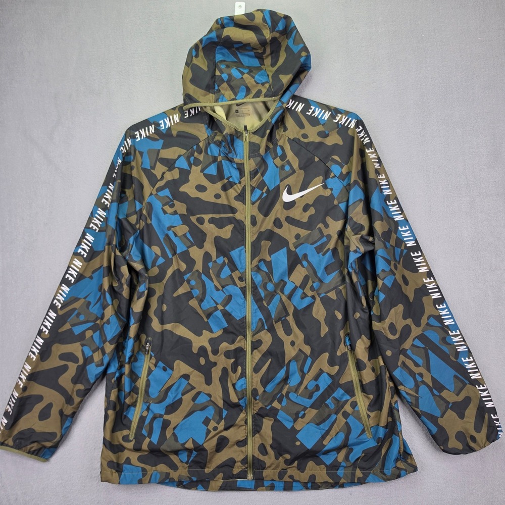 Nike Running Jacket Camo Windbreaker Blue Green XL Hooded Full Zip Reflective
